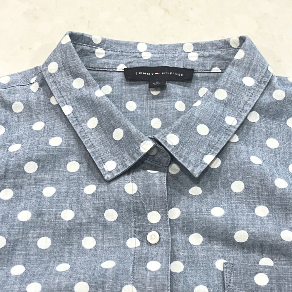 Tommy Hilfiger Button Up Shirt Womens XL Blue Cotton Polka Dot Chambray Roll Tab - Picture 4 of 9
